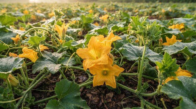 Field of blooming yellow squash flowers in the soft morning sunlight, showcasing the beauty of nature and agriculture