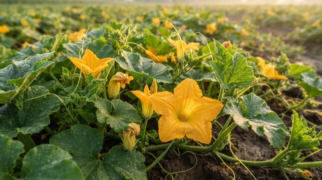 Close-up of vibrant yellow pumpkin blossoms thriving in a sun-drenched agricultural field, showcasing nature's bounty and organic growth