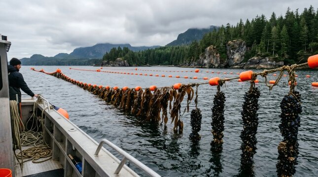 Fisherman tending to mussel and kelp farm lines from a boat