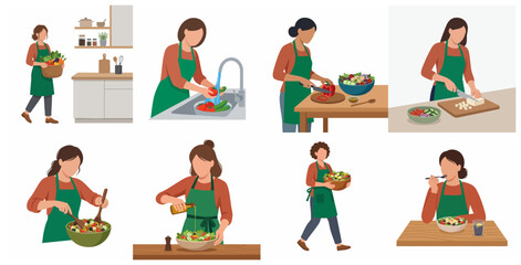 Fototapeta premium Set of flat illustrations showing a woman preparing and eating a healthy vegetable salad