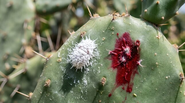 Cochineal insect infestation on a prickly pear cactus pad with red dye