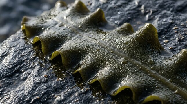Close up of wet green kelp with textured surface on dark rock