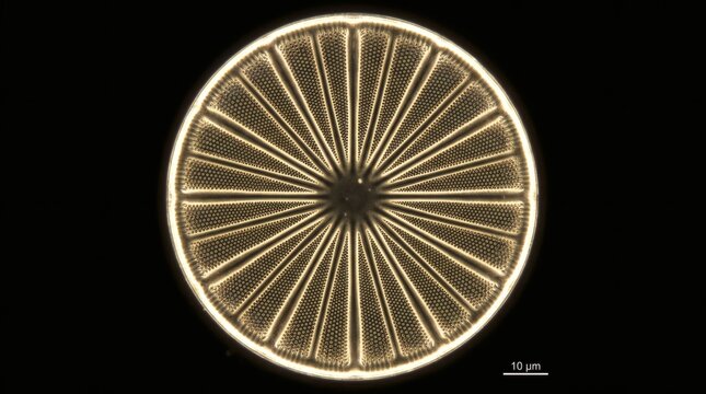 Microscopic view of a diatom with radial symmetry and intricate patterns