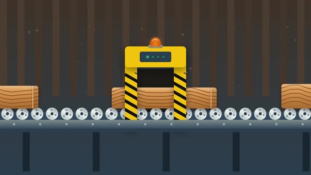 Industrial conveyor belt flat vector illustration showing wooden planks moving through a scanner in a factory sawmill assembly line