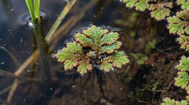 Close-up of a floating red and green water fern with visible roots in dark water