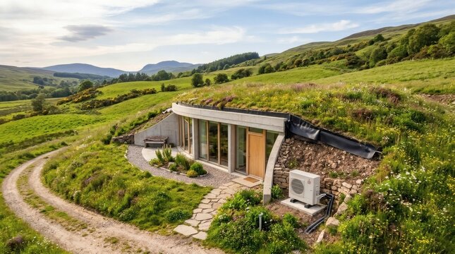 Modern earth sheltered home built into a grassy hillside with large windows