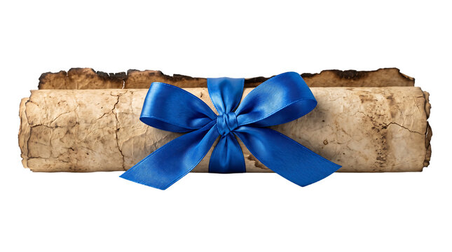 Ancient rolled paper scroll with blue ribbon as transparent cutout