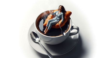 Fototapeta premium Surreal coffee break concept featuring a woman relaxing inside a cup of coffee, symbolizing calm, leisure, self-care and everyday escape.