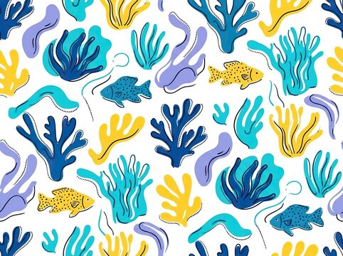 Seamless pattern with handdrawn coral reef, colorful sea plants and tropical fish on white background