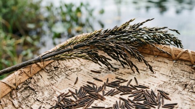 Wild rice grains and stalk on a rustic birch bark tray near water