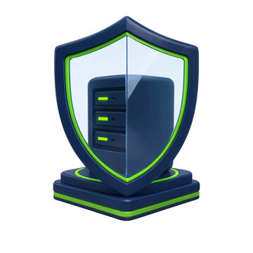 A 3d icon representing secure server hosting and data protection services with a glowing shield transparent background