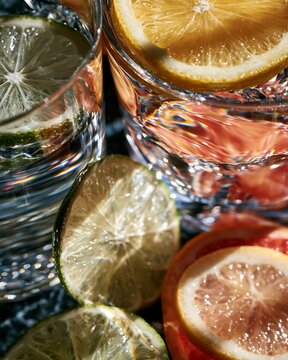 Fresh citrus slices and crystal glasses with water for summer drink party