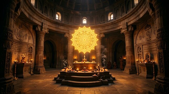 Ancient indian temple interior with a glowing golden mandala symbol floating above a stone altar, creating a spiritual atmosphere