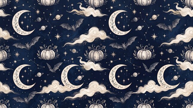 Celestial halloween pattern featuring pumpkins moons bats
