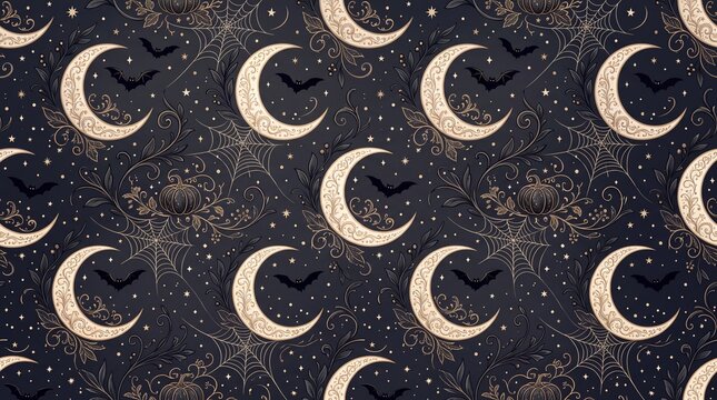 Halloween crescent moons bats and pumpkins form a seamless vector pattern