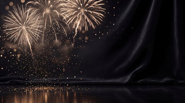 Champagne gold fireworks exploding against a dark draped background