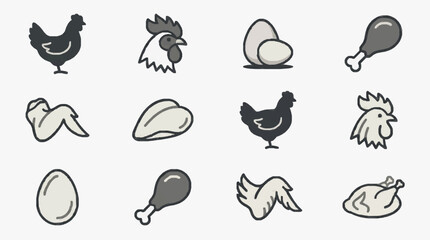 Fototapeta premium Industrial Minimalist Line Drawing Set of Chicken Eggs and Poultry Parts in Monochrome with high quality professional line art symbols for modern creative design and digital branding projects