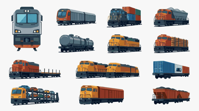 Industrial of Diverse Train Engines and Cargo Cars in Vibrant Colors for Logistics and Transportation Design