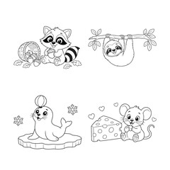 Naklejka premium Animal illustrations featuring a raccoon sloth seal and mouse with cheese