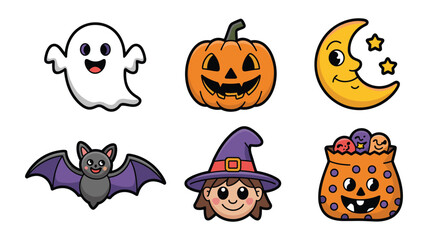 Fototapeta premium Cute cartoon halloween character icons representing happy ghost pumpkin moon bat witch and bag.