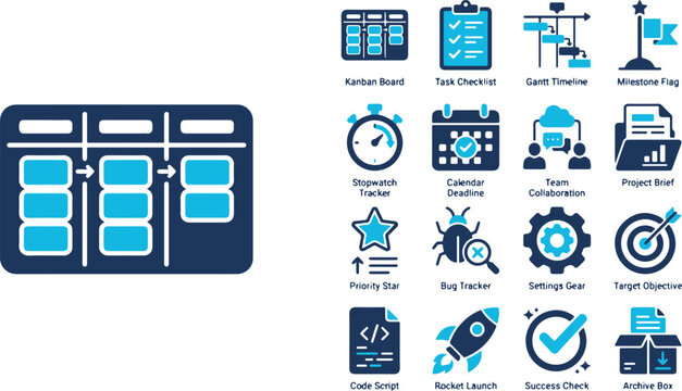 Professional Project Management and Agile Workflow Icons Set Featuring Essential Business Productivity Tools and Organizational Strategy Elements for Digital Planning