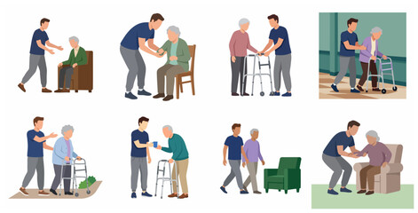 Fototapeta premium Caregiver assisting elderly people in daily activities set of flat illustrations