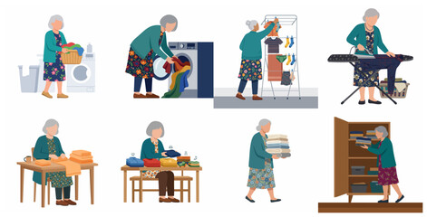 Fototapeta premium Elderly woman performing laundry chores set including washing, ironing, folding and organizing clothes, flat vector illustration isolated on white background