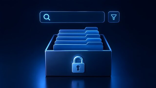 Secure digital archive with padlock and glowing search bar for encrypted data management concept
