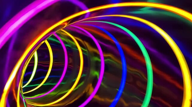 Fast luminous tunnel. Colorful vibrant racing experience. Bright spiraling tunnel with energetic motion. Highspeed neon spiral navigating through glowing rings and vivid trails
