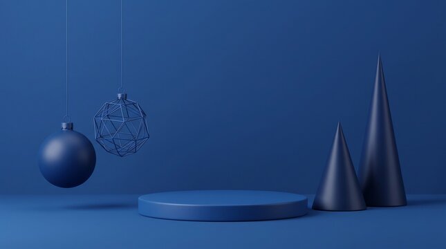 Minimalist blue product display pedestal with decorative ornaments as a festive christmas backround for holiday season marketing