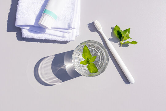 Natural oral care flat lay with toothbrush and mint
