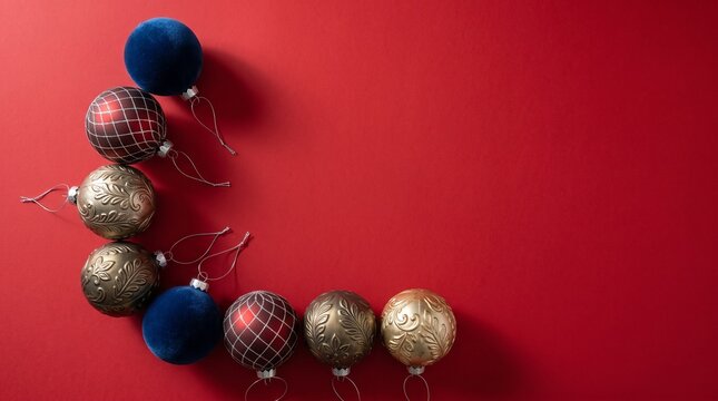 Festive christmas ornaments artfully arranged on a vibrant red background evoking holiday cheer and seasonal celebration