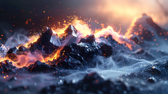 Crystal mineral rock fire spark energy matrix. Technology background concept elements. Science geology network asset. Power source data stream visualization. Universe abstract vector layouts design.