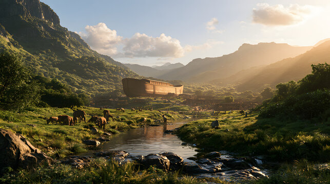 Noahs ark in a beautiful mountain valley with a river and animals at sunset