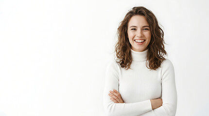 Fototapeta premium Happy young woman with curly hair smiling with arms crossed on white background