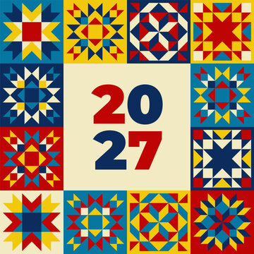 Greeting card, Happy New Year, Geometric Quilt Pattern with 2027 Typography, bright vivid colors - yellow, blue, red, patchwork style vector illustration 