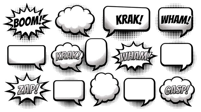 Comic book speech bubbles and sound effect elements set in halftone pop art style.