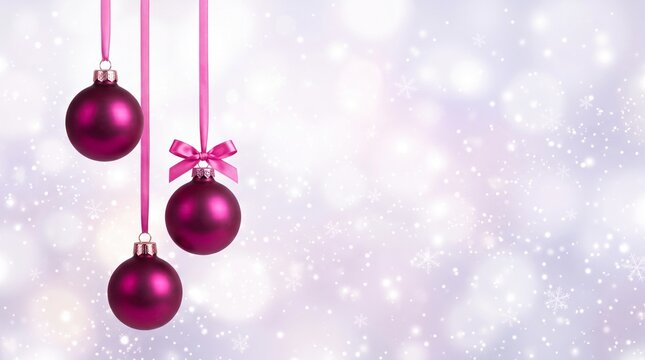 Elegant christmas ornaments hanging delicately against a shimmering softly blurred winter wonderland backdrop