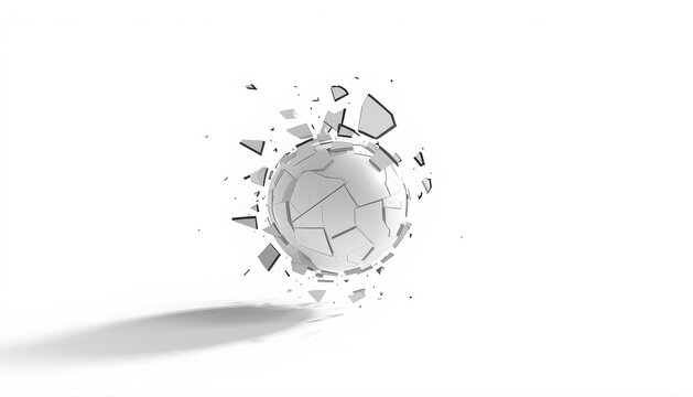 Abstract white sphere exploding into small fragments on a bright minimal background with abstract explosion shattered ball geometric explosion broken object particle dispersion minimalist design
