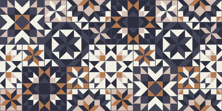 Irregular mosaic floor tiles, Scandinavian stars seamless geometric  patchwork pattern, quilt blocks, vector illustration