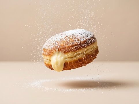 A delicious cream filled donut with powdered sugar falling on a beige background.