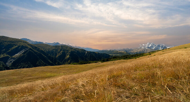 Landscape photograph of golden grass meadow with Mount Ushba in the background during sunset in Svaneti Georgia.