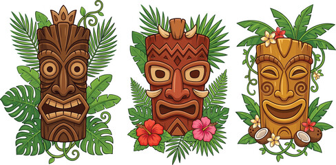 Tropical hawaiian tiki masks set with tribal wooden totems exotic leaves and flowers isolated vector illustration © MdNipon