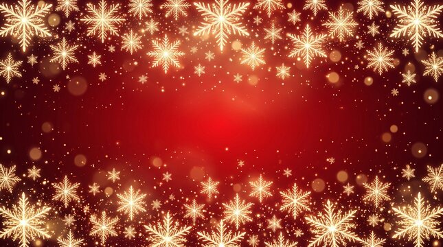 Radiant golden snowflakes falling on a vibrant red background creating a festive atmosphere