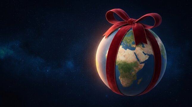 Earth globe with red ribbon bow in space, symbolizing a gift or celebration