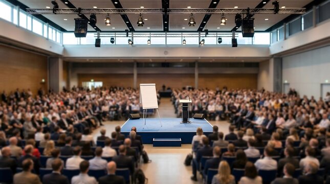 Large auditorium conference hall with empty presentation stage and crowd