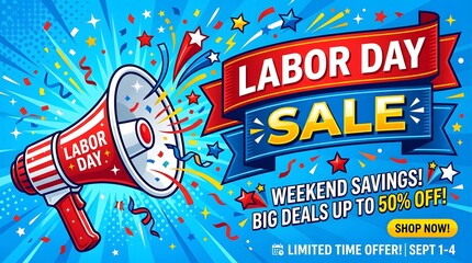 Fototapeta premium Labor day sale promotional graphic with a red megaphone, confetti, and bold typography on a blue background