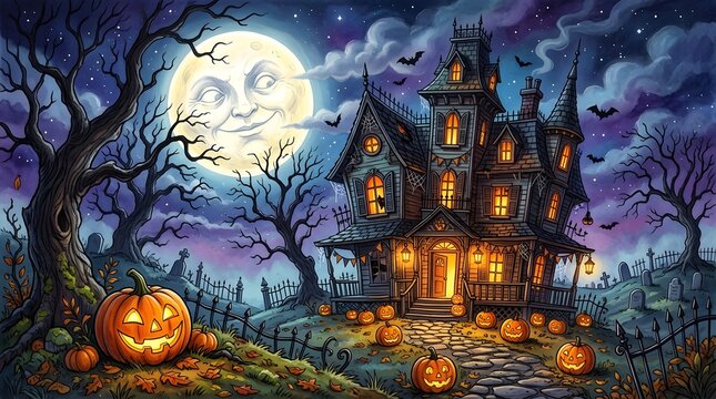 Spooky haunted mansion with glowing pumpkins and a full moon in a dark mysterious halloween night landscape