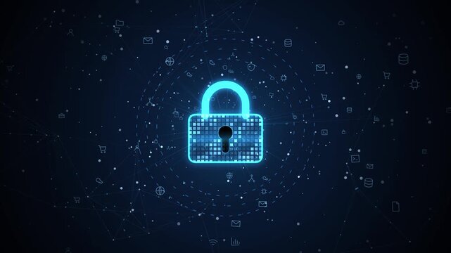 Cybersecurity digital padlock icon, glowing blue network security concept, encrypted data protection background for information technology