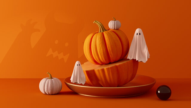 Halloween Pumpkins and Cute Ghosts on Orange Background